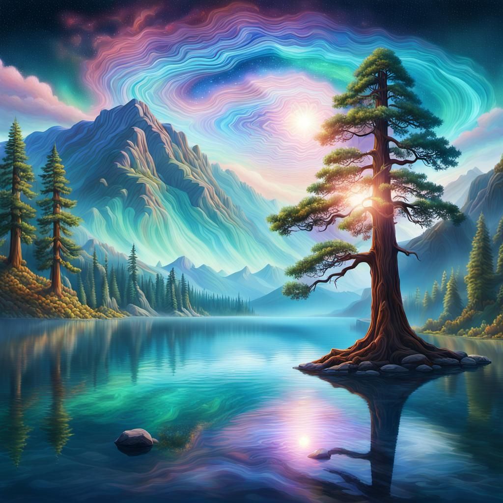 Majestic Redwood Tree in Dreamlike Holographic Landscape