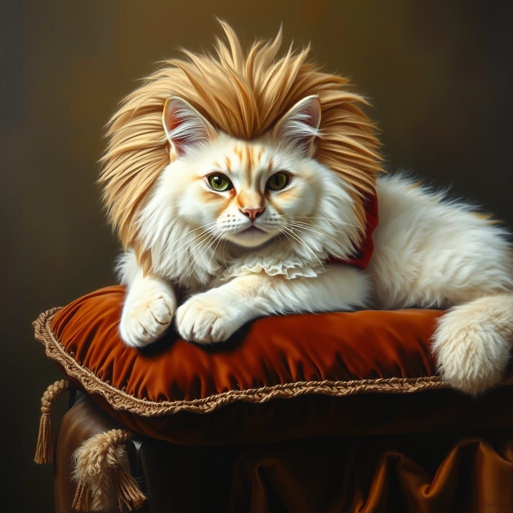 Fluffy Cat in Lion Mane Oil Painting