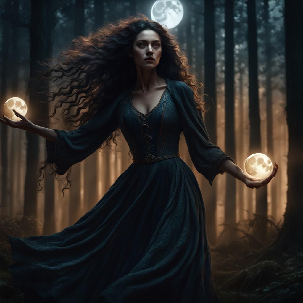 Nature Witch Dancing Under the Moon: Fantasy Art