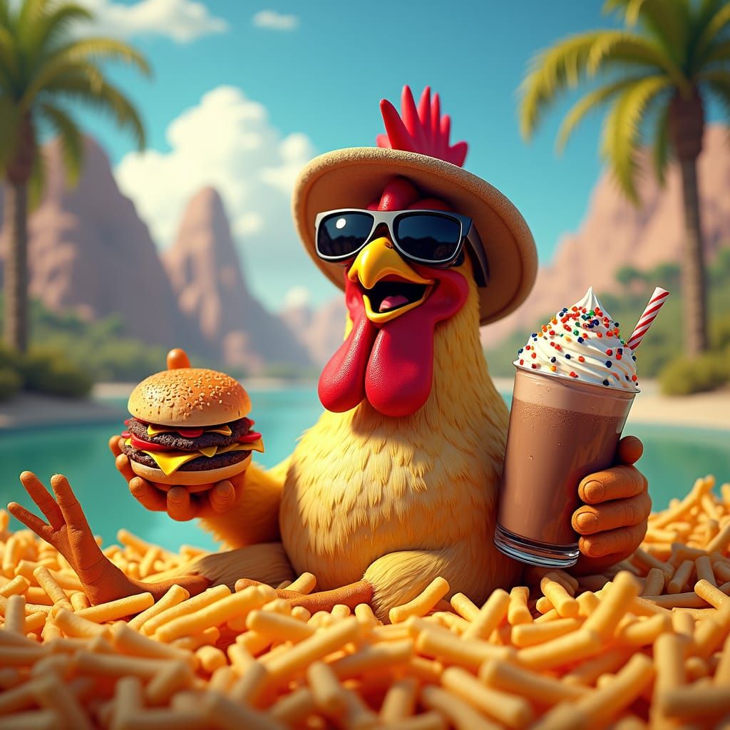 Rooster Vacationing with Fries, Matte Painting Style