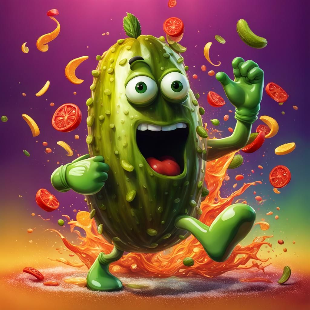 Hyperrealistic Pickle Dancing Salsa Splash Art