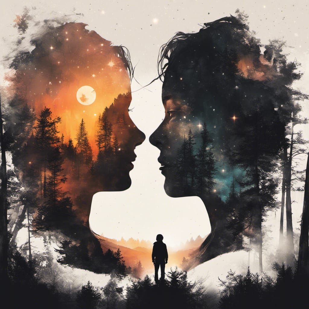 Sunset Silhouette: Forest, Face, Stars in Space