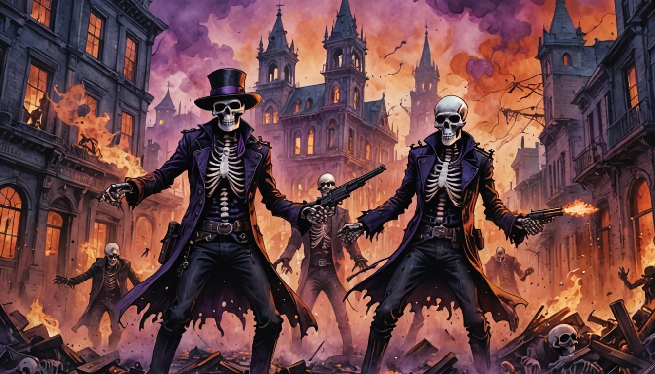 Skeletal Gang War in Gothic Watercolor Cityscape