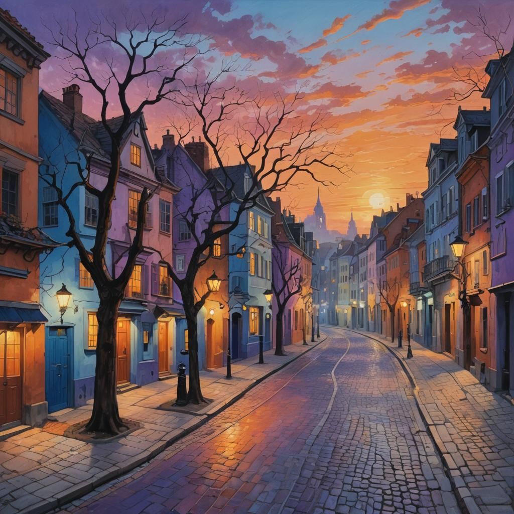 Colorful City Street at Sunset: Expressionist Painting