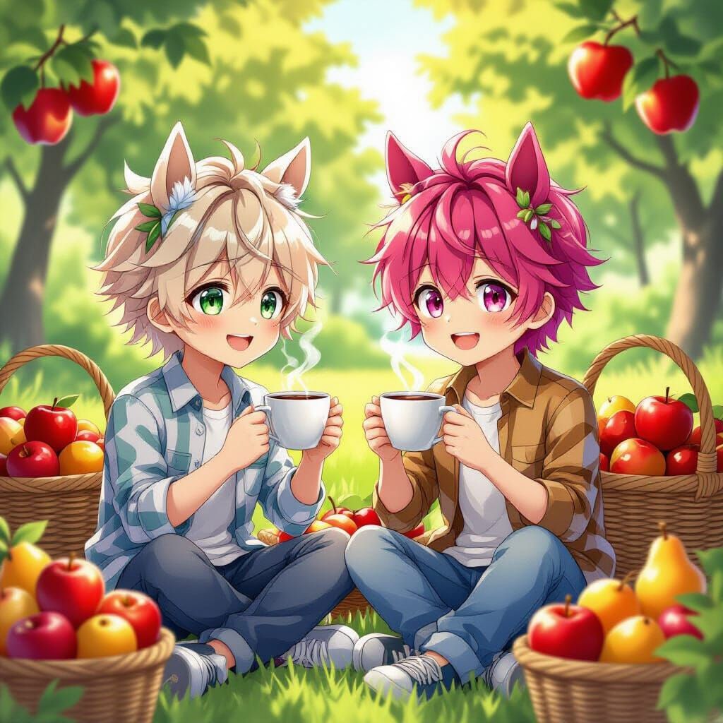 Anime Boys with Horse Ears Sipping Coffee in Orchard