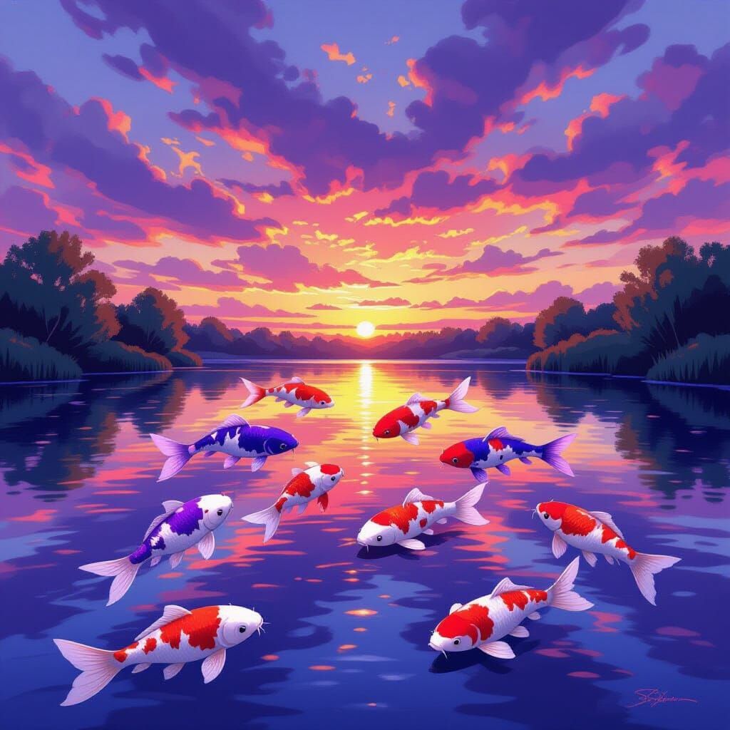 Vibrant Koi Fish at Sunset in Painterly Style