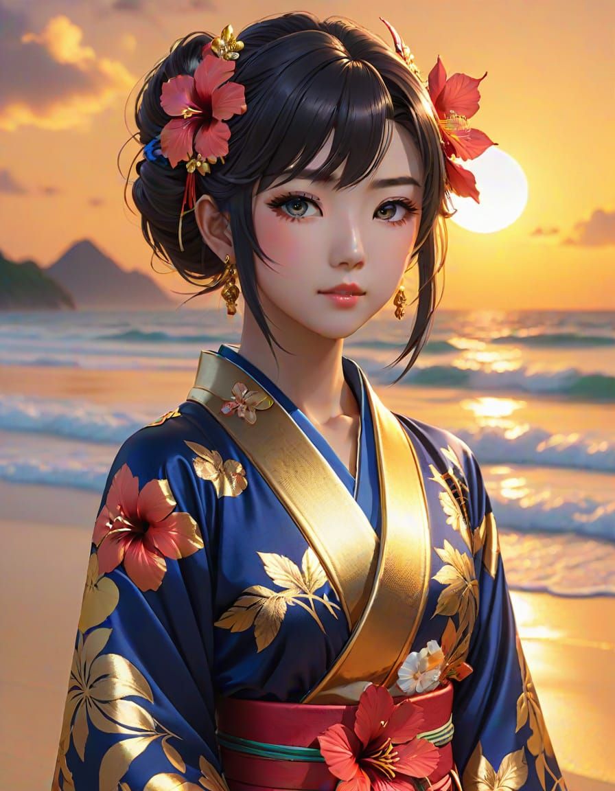 Tropical Anime Woman with Golden Kimono at Sunset