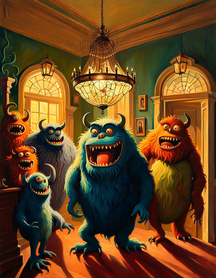 Friendly Monsters Admire Chandelier, American Realism