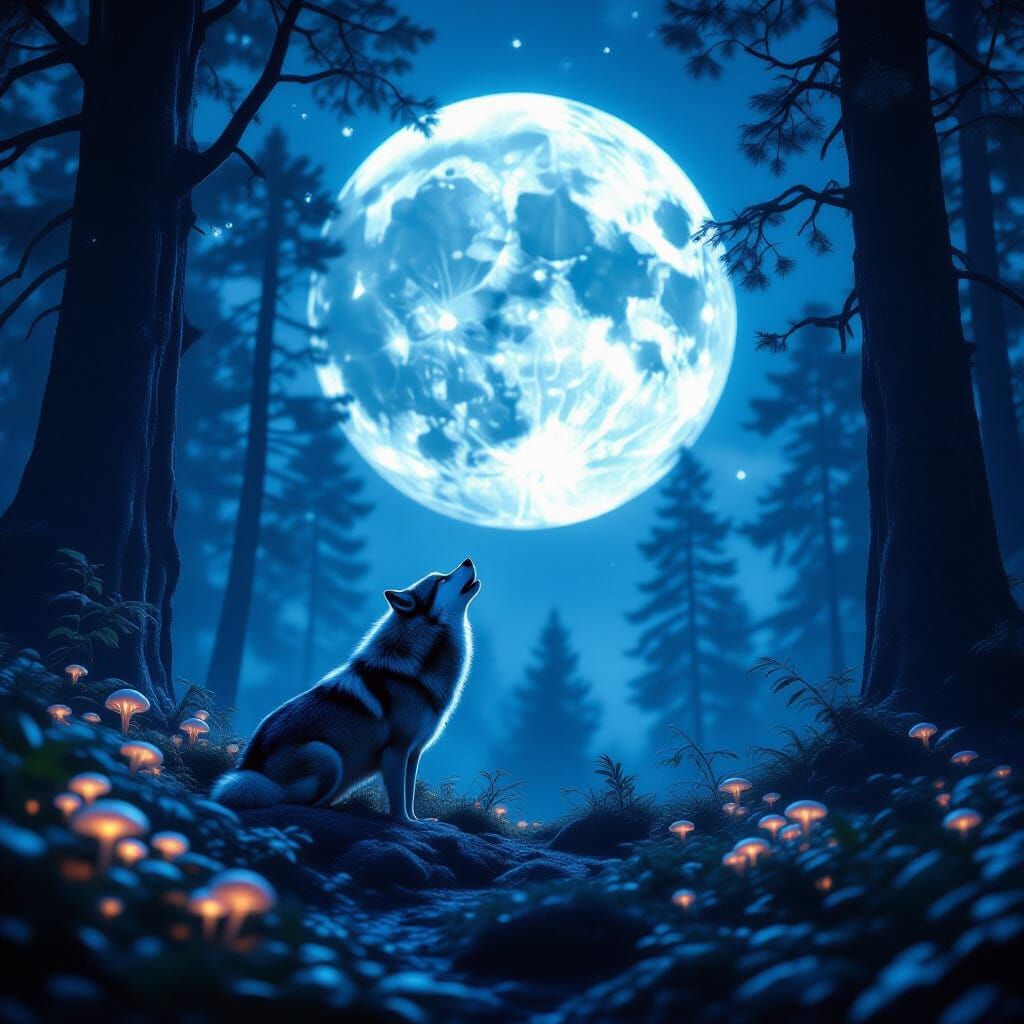 Lone Wolf Howls at Bioluminescent Moon Amidst Crystal Trees