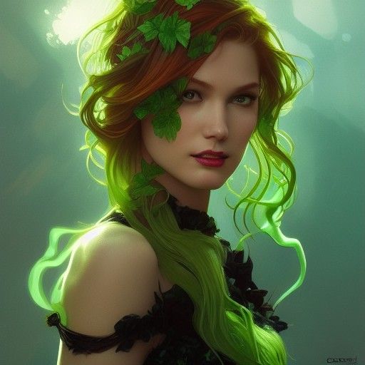Detailed Portrait of Poison Ivy in Art Nouveau Style