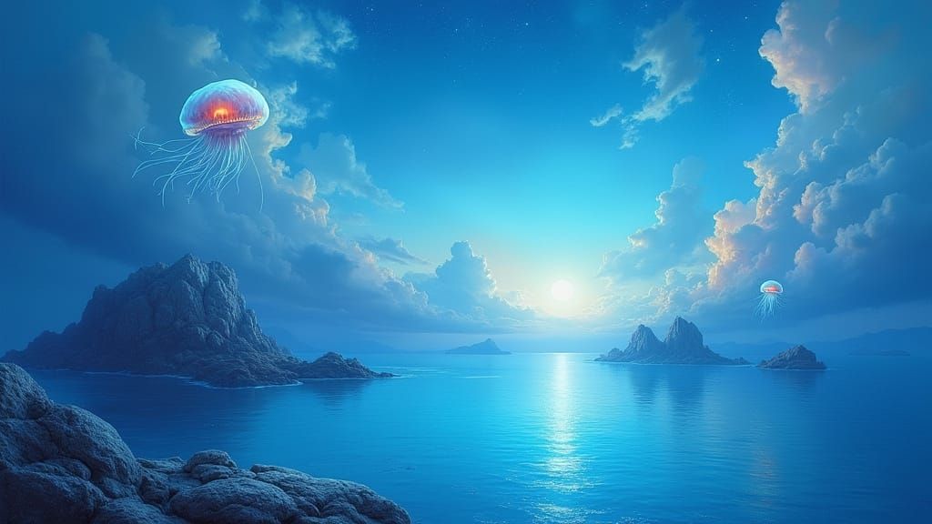 Surreal Azure Ocean Meets Impossible Sky with Floating Islan...