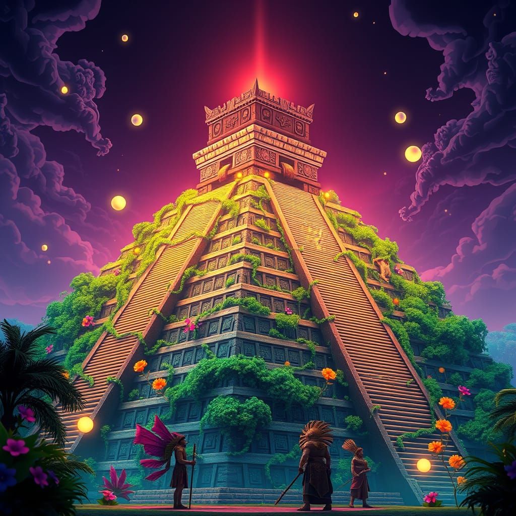 Surreal Aztec Pyramid in Whimsical, Anime-Inspired Art