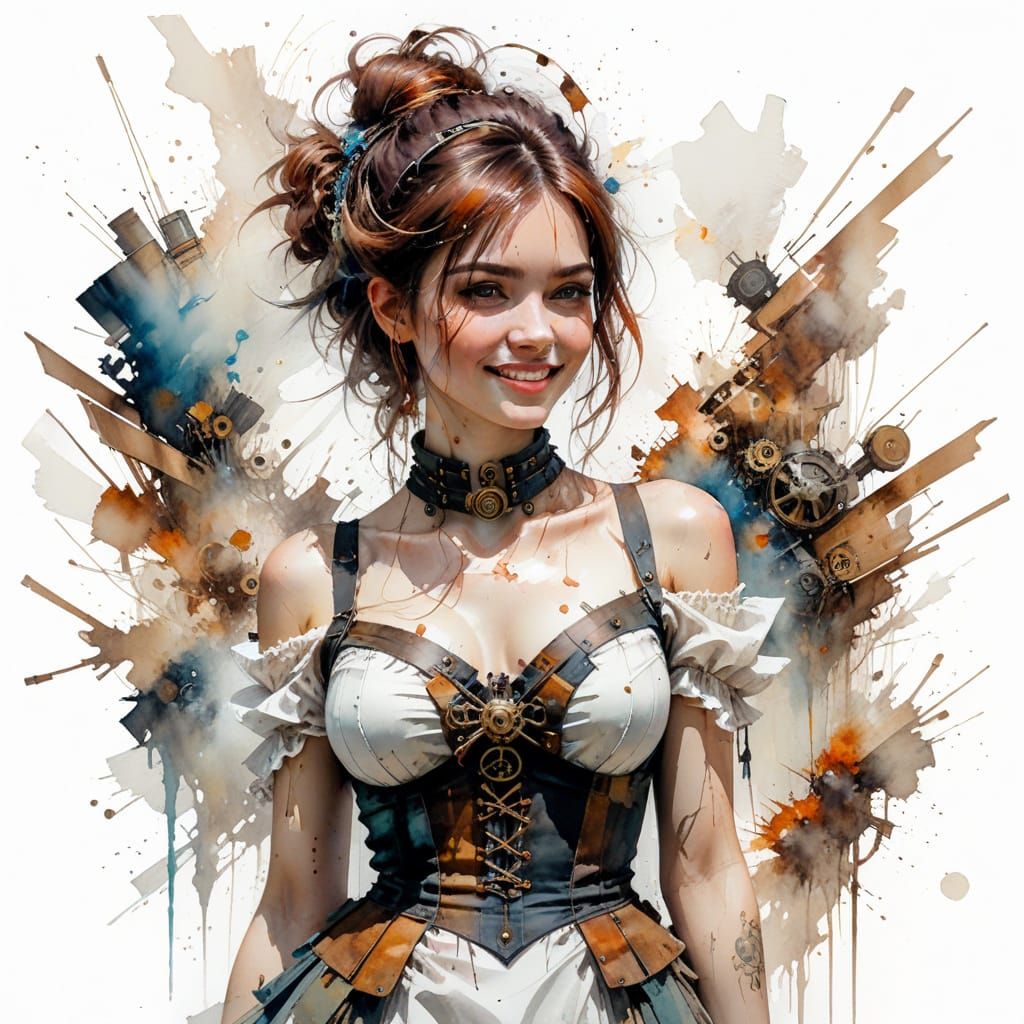Girl in Steampunk Dress: Stylized Watercolour Art