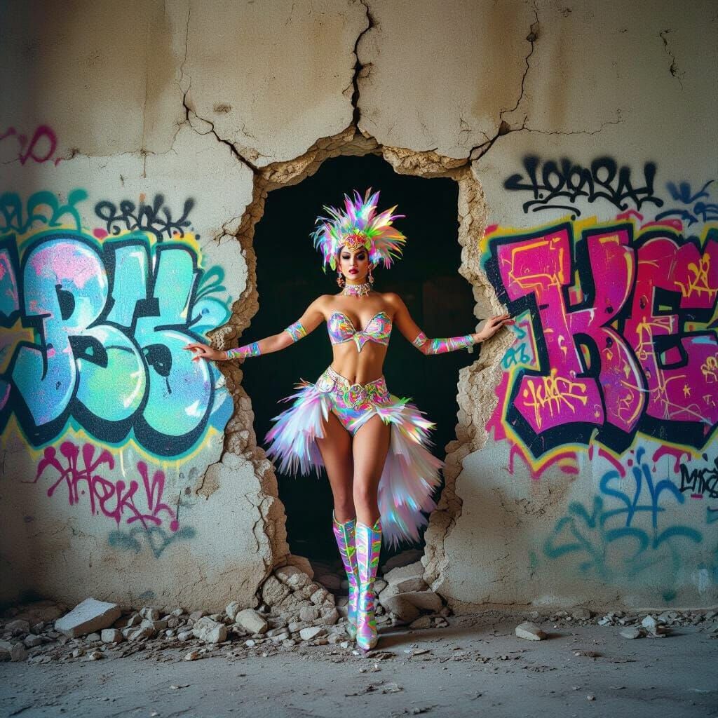 Showgirl Emerges from Graffiti Wall in Vaporwave Theater