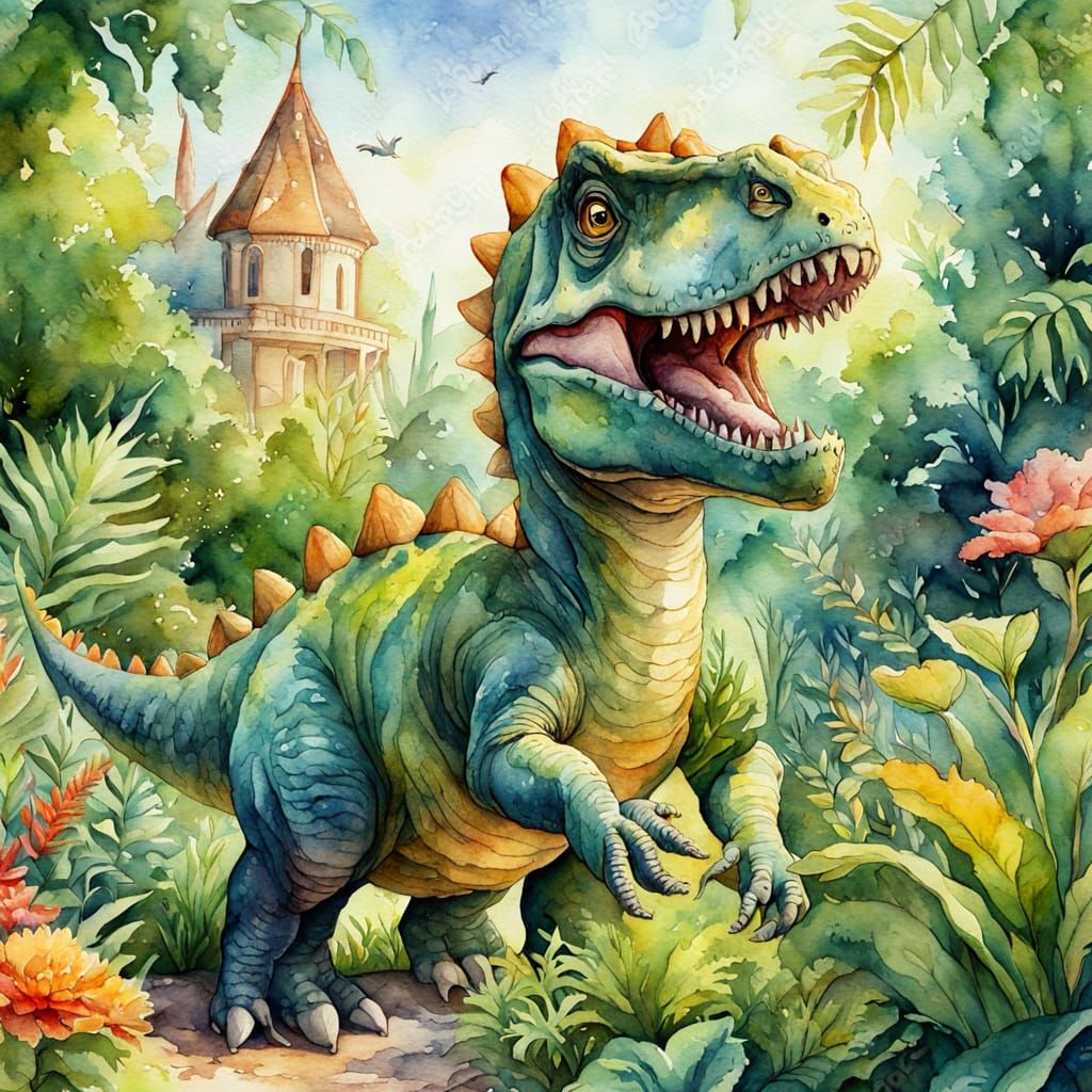 Durer Dinosaur Plays in Garden: Watercolor Illustration