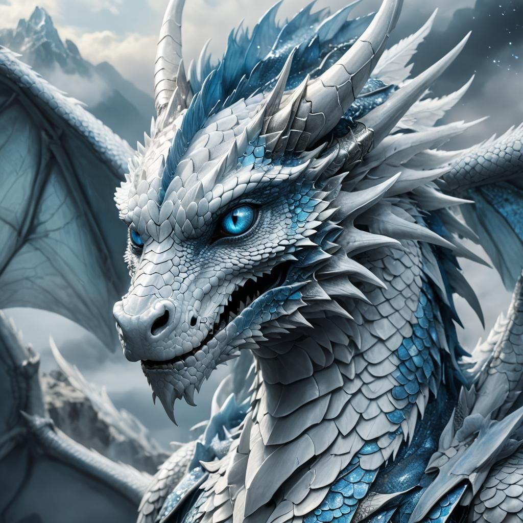 White Dragon Portrait with Blue and Silver Scales