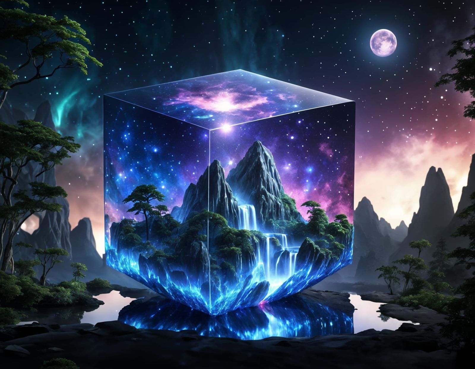Cosmic Cube Spaceship in Japanese Jungle Night