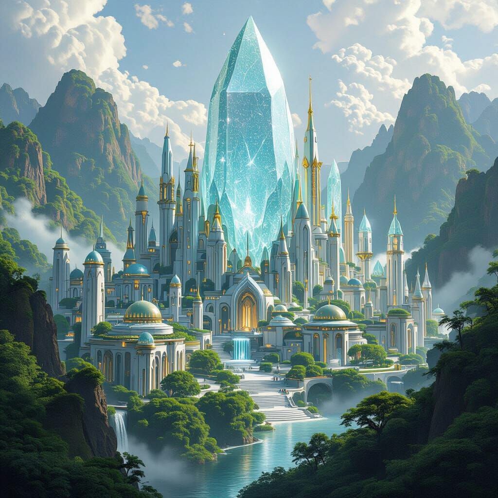 Elven City with Colossal Crystal Formation