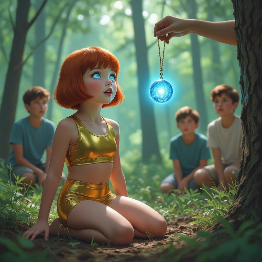 Girl Hypnotized by Crystal in Forest, Cinematic Style
