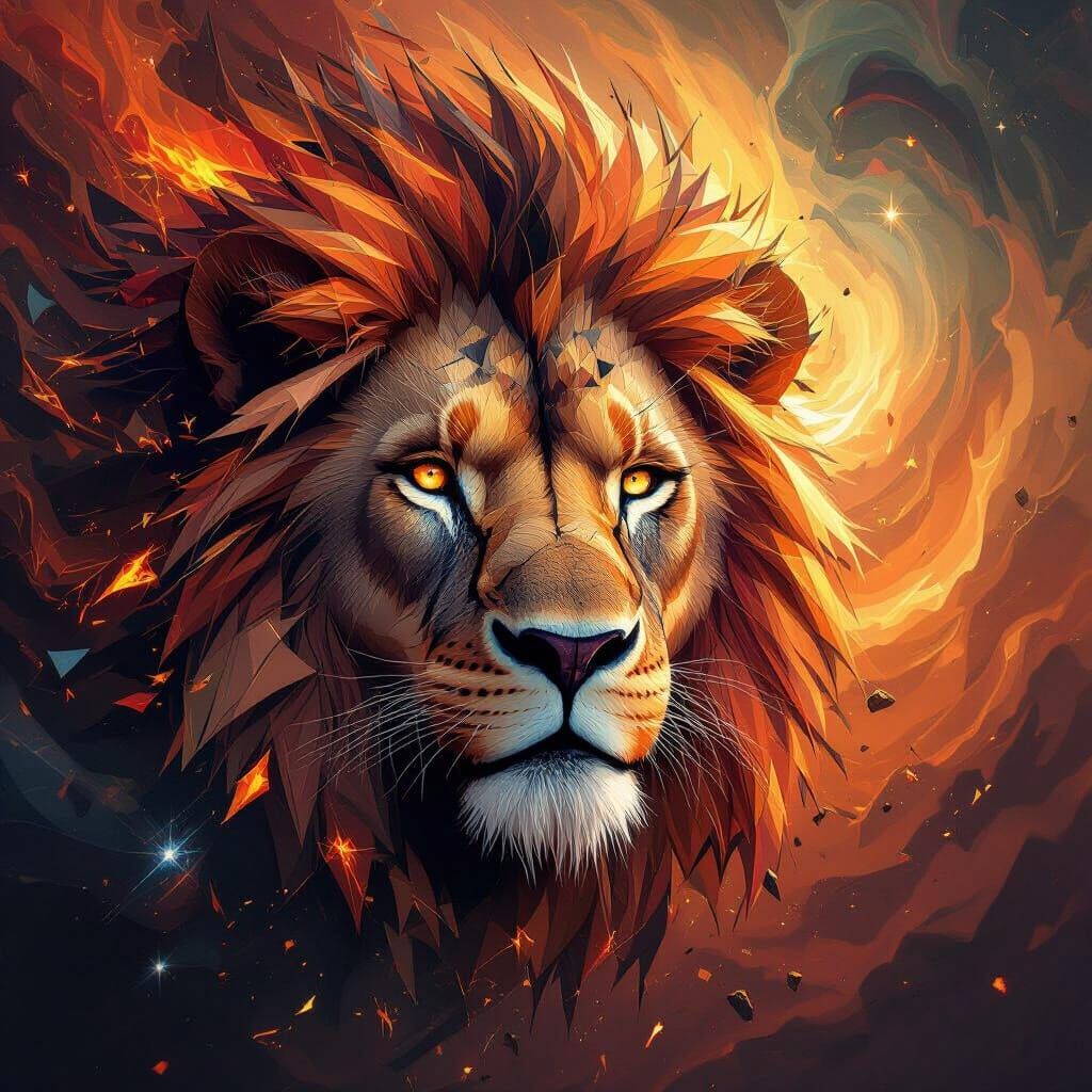 Fiery Lion: Geometric Shards in Digital Art Style