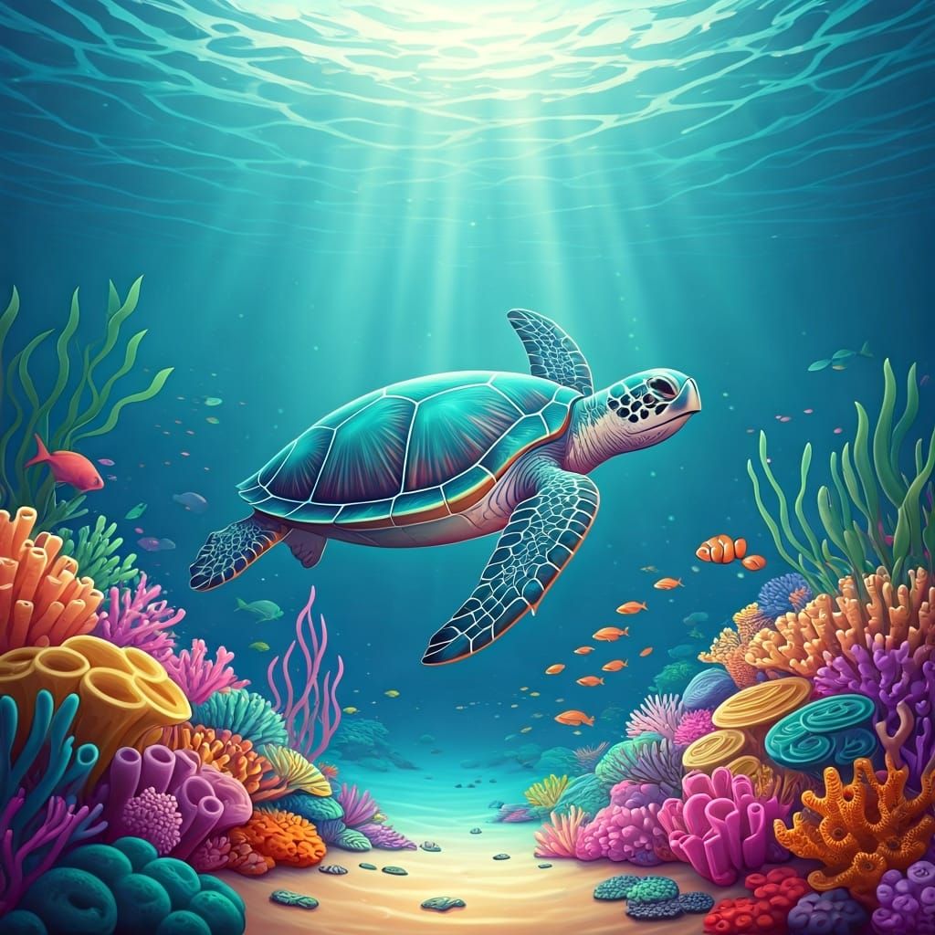 Turquoise Sea Turtle with Chrome Shell in Underwater Reef