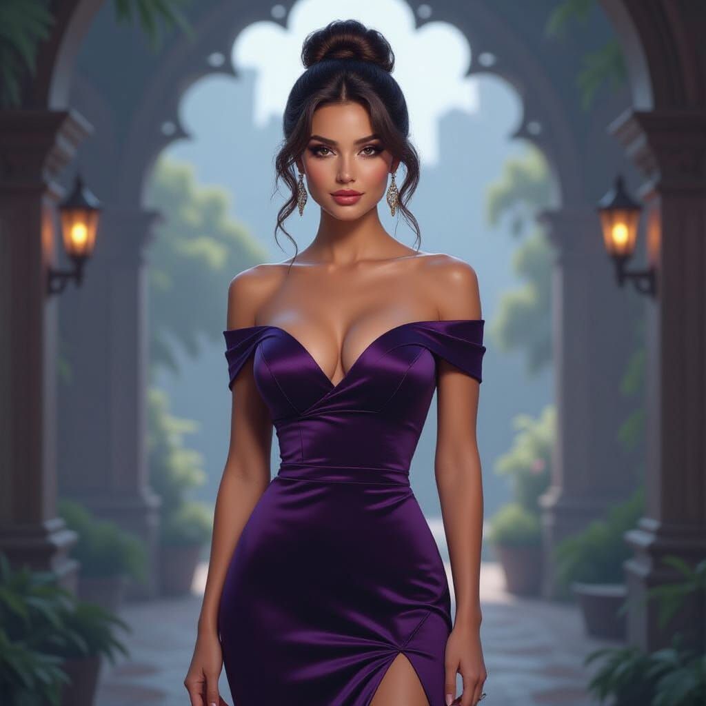 Woman in Deep Plum Dress with Elegant Bun