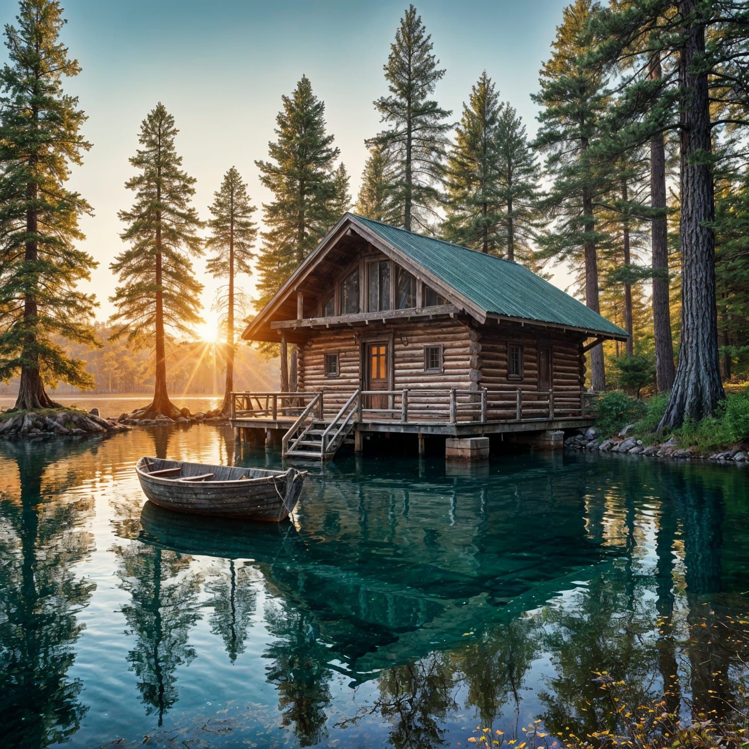 Rustic Cabin Scene in Vibrant Sunset Colors