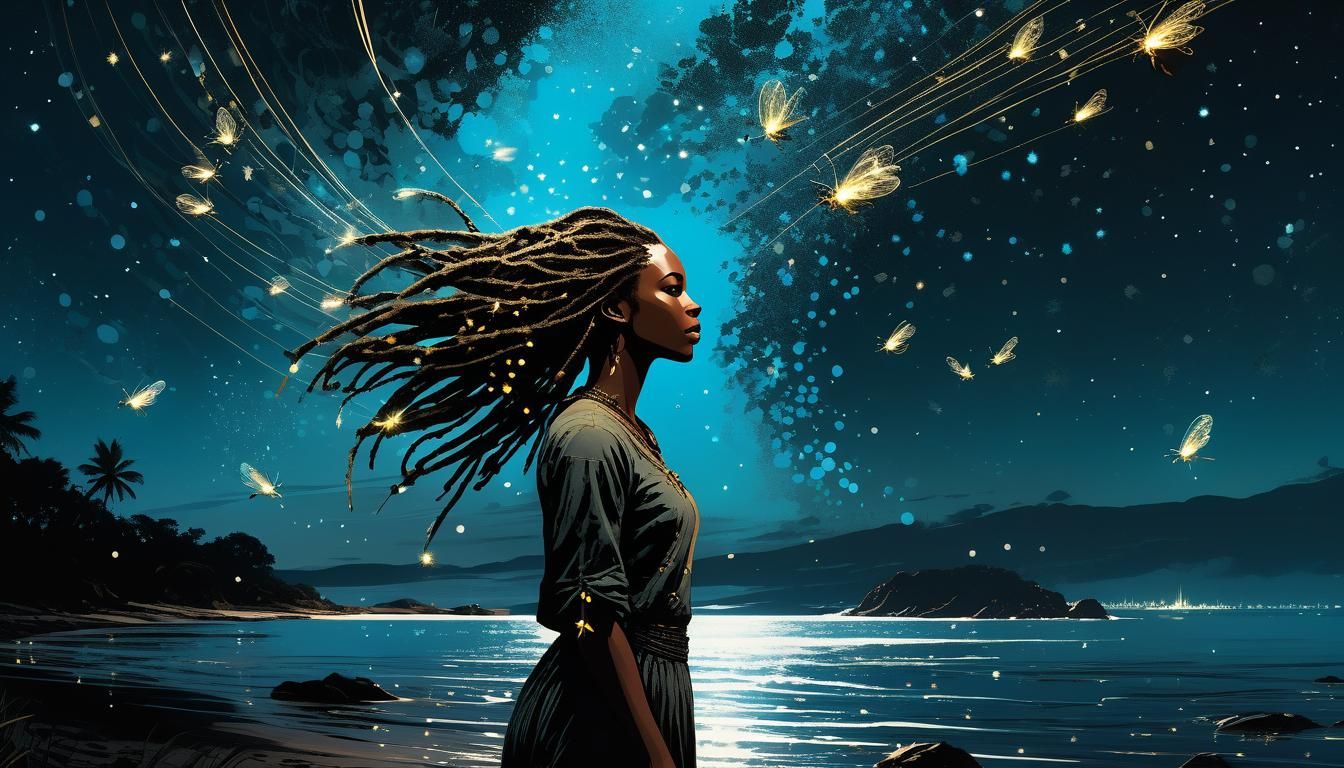 Grotesque Fireflies and Airy Girl on Beach