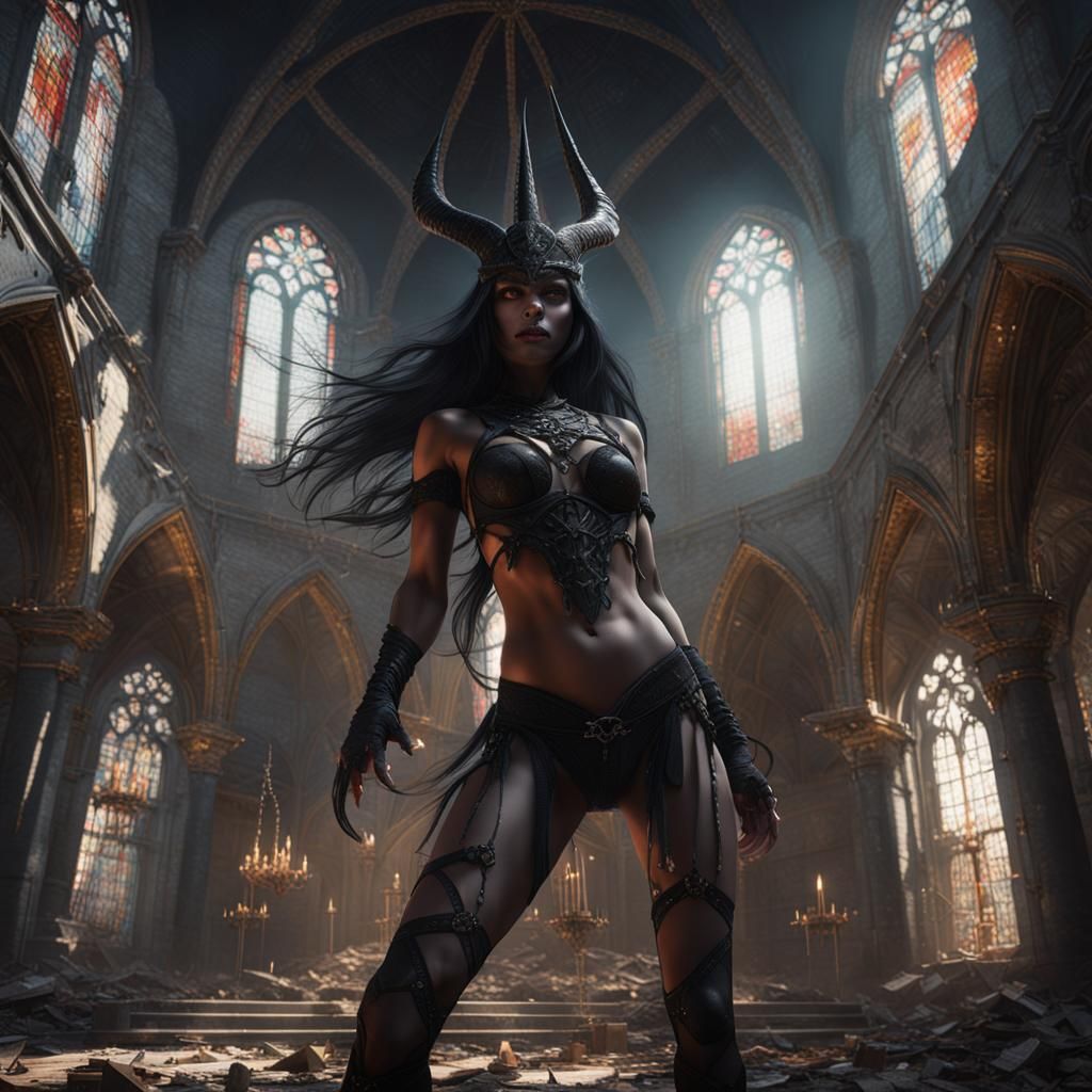 Demoness in Abandoned Church: Detailed Matte Painting