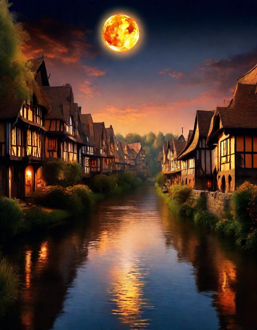 Medieval Village Under Giant Moon, Digital Matte Painting