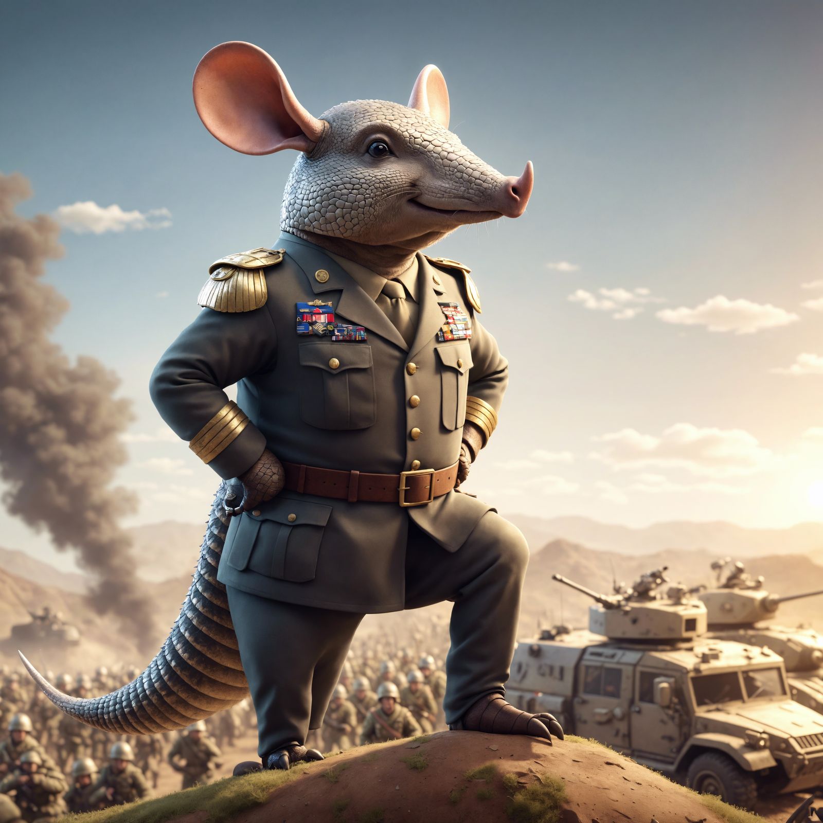 Cartoon Armadillo General on Battlefield in CGI Style