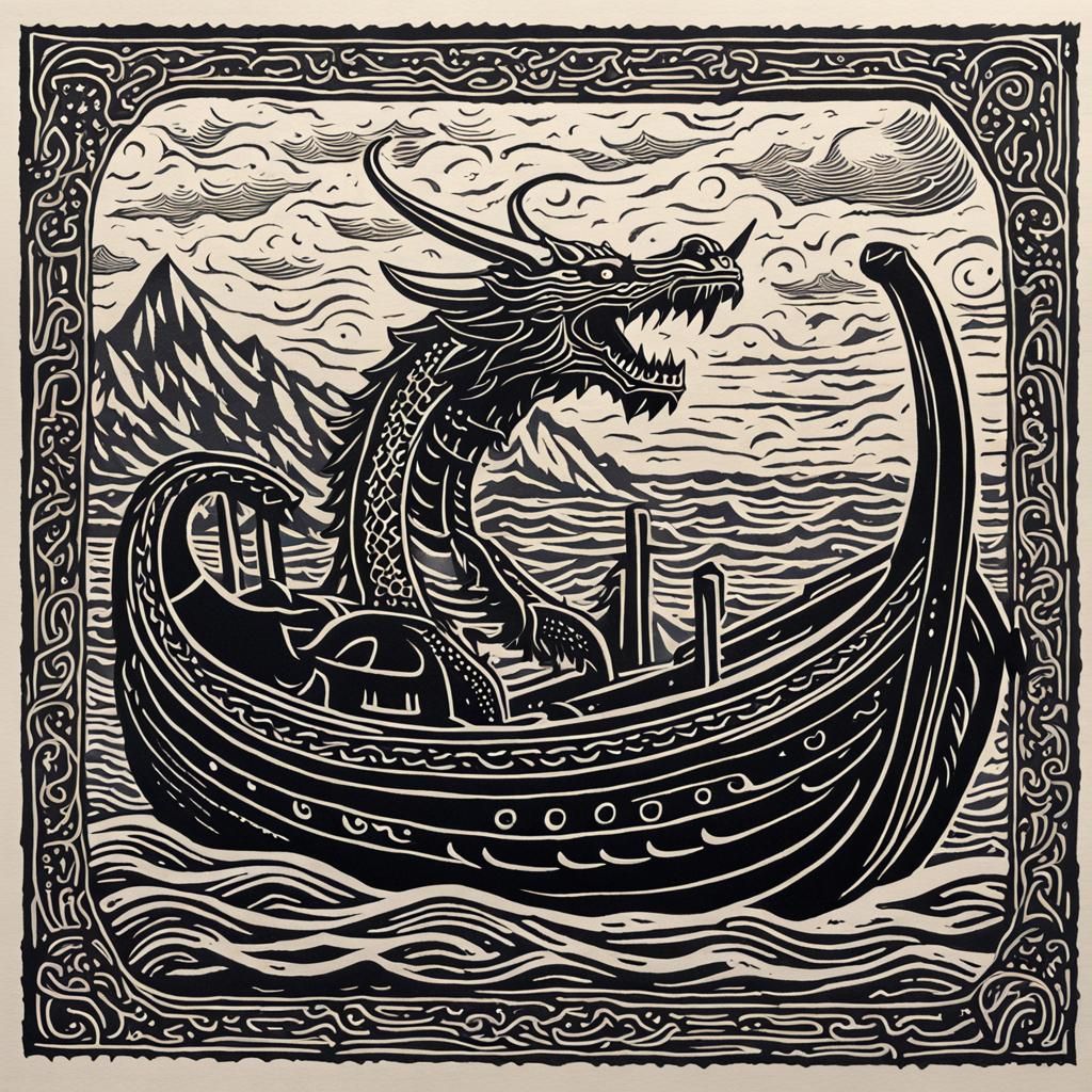 Dragon Transforms to Viking Ship in Linocut Style