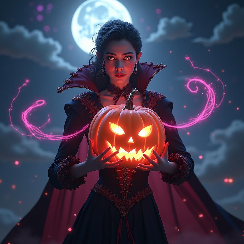 Rainbow Vampire with Pumpkin in Matte Painting Style