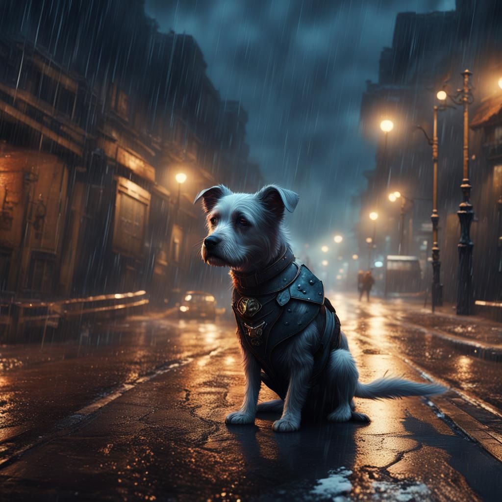 Sad Dog Cries in Rainy Street: Digital Art