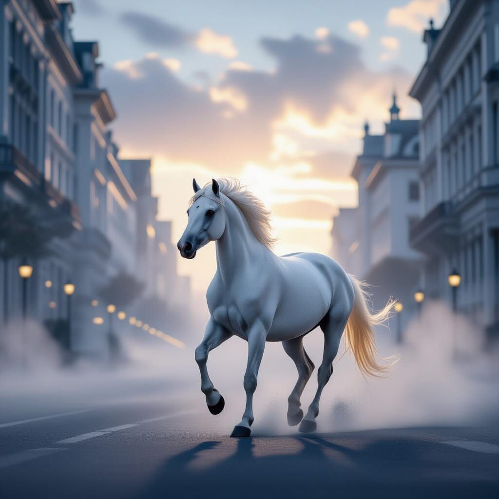 White Horse Gallops Through Hyper-Realistic Foggy City