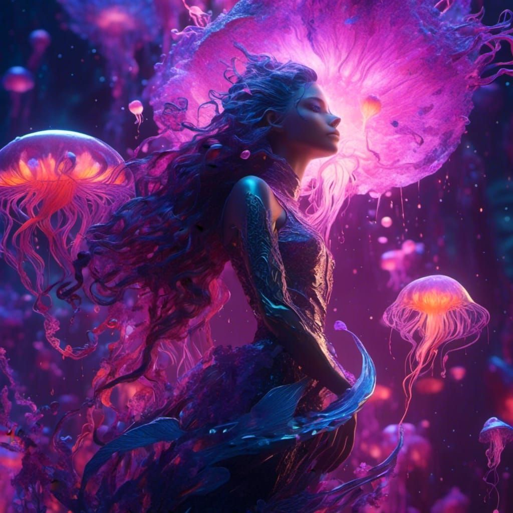 Mermaid with Bioluminescent Jellyfish in Fantasy Art Style