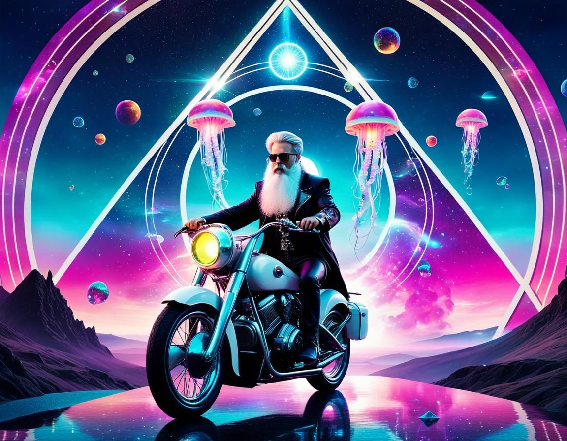 Wizard Rides Motorcycle Through Surreal Art Deco Portal
