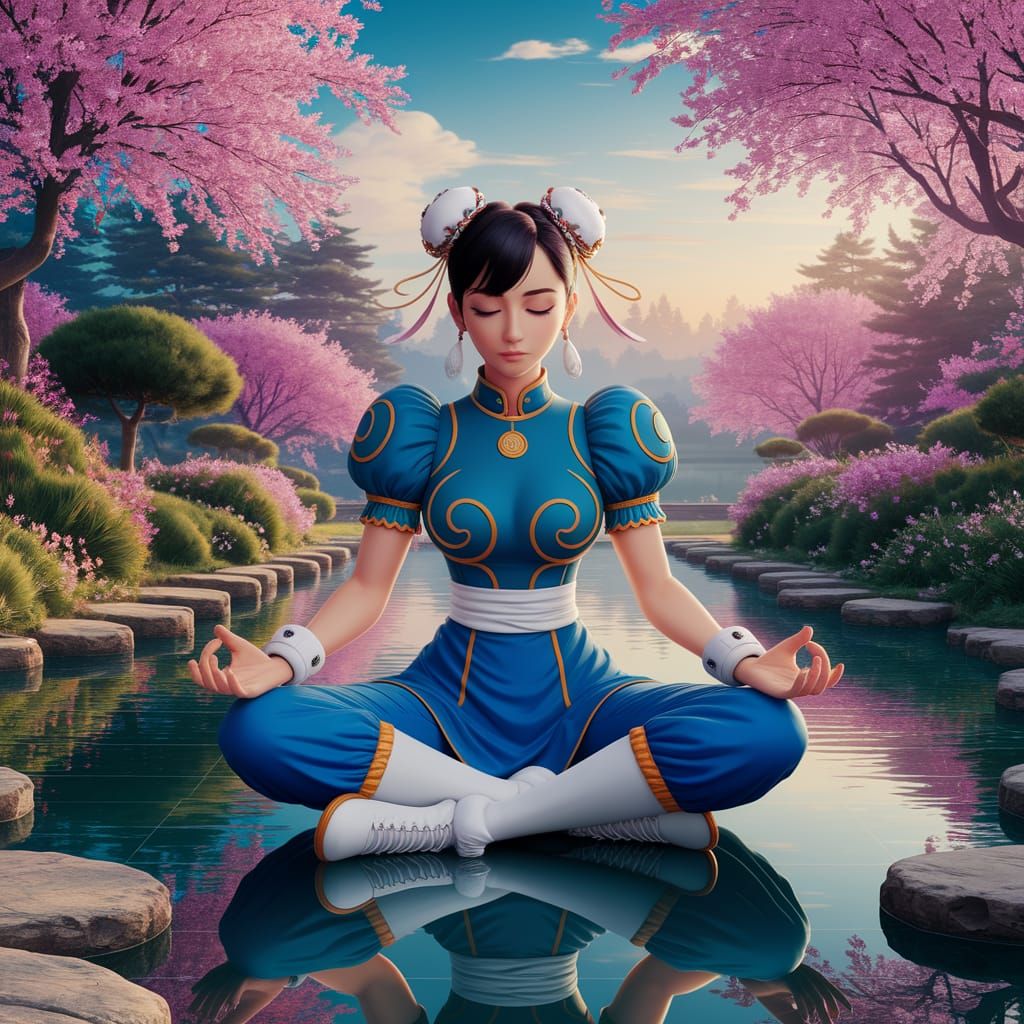 Chun-Li Meditating in Zen Garden, Anime Style