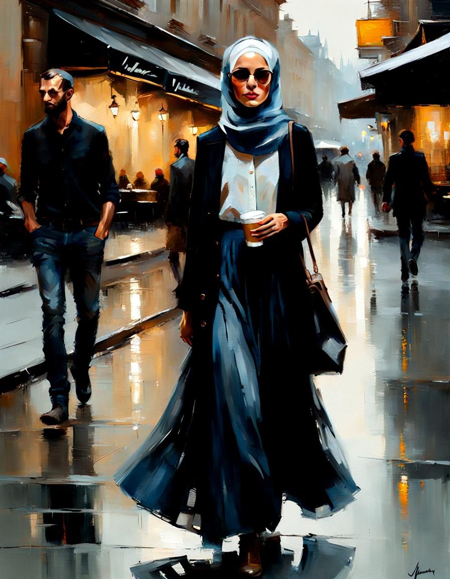 Elegant Hijabi Lady Strolls Through a Cozy City in Oil Paint...