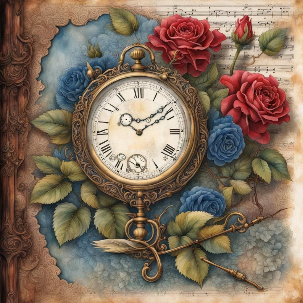 Roses, Watch, and River on Musical Journal Page