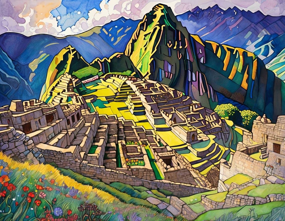 Machu Picchu Terraces: Ink and Watercolour Painting