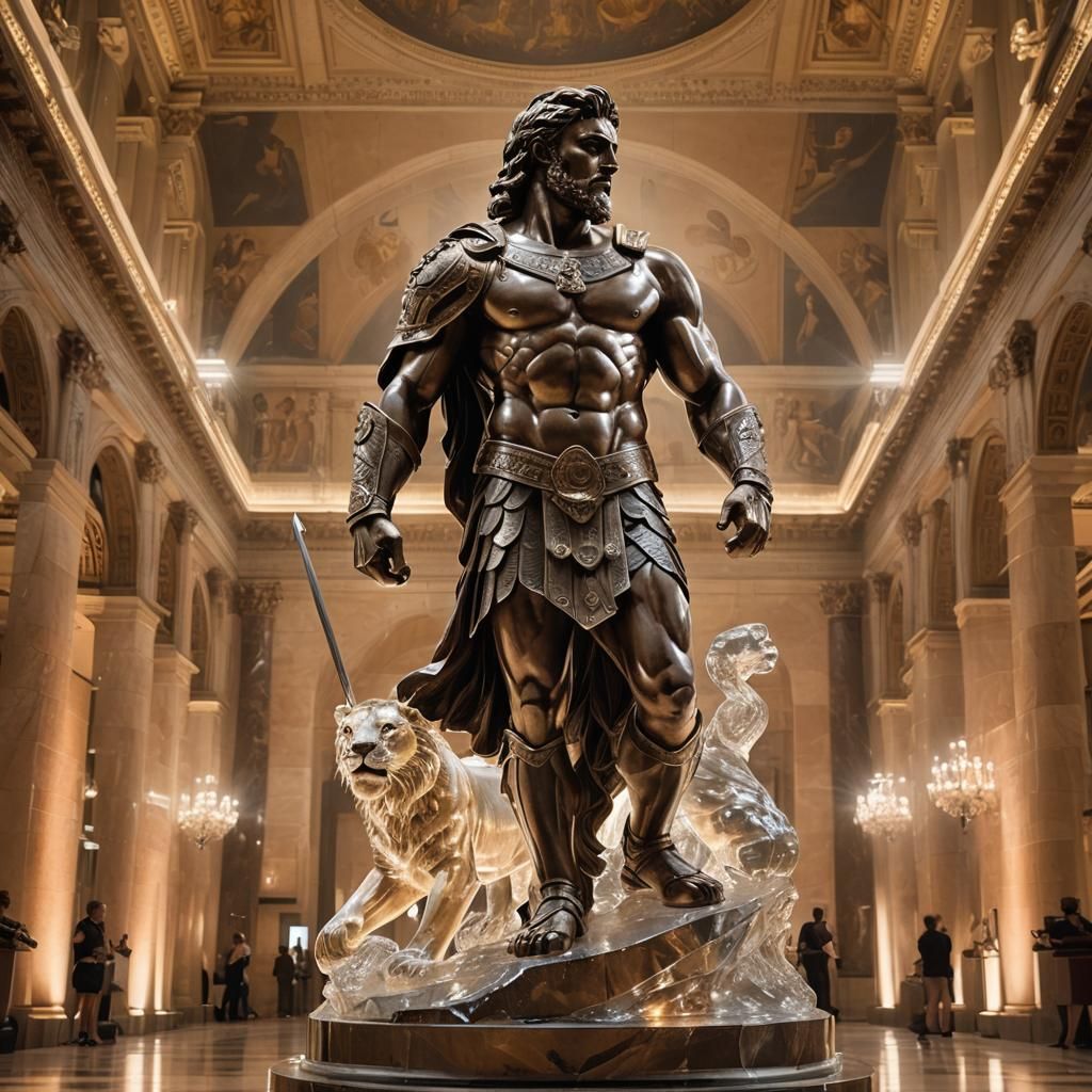 Crystal Gladiator Statue in Opulent Hall
