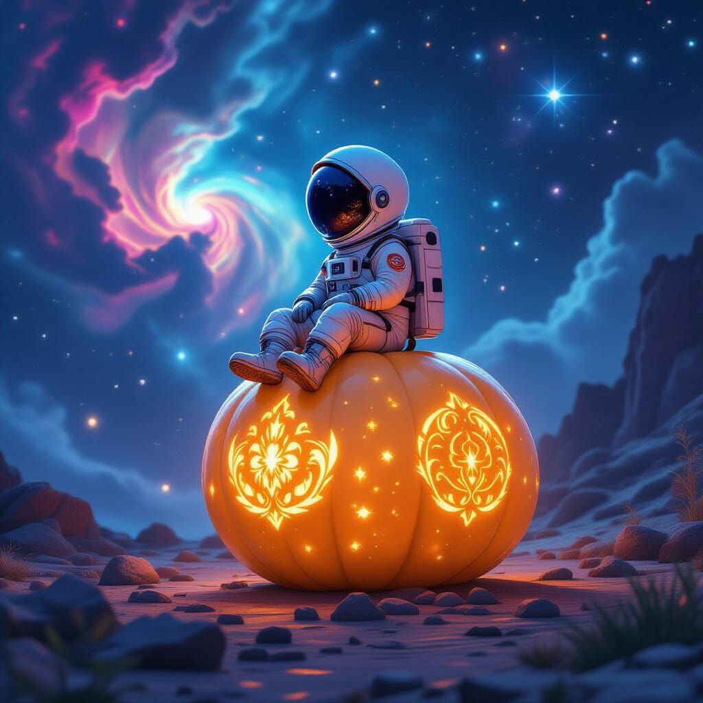 Child Astronaut on Floating Gourd in Space