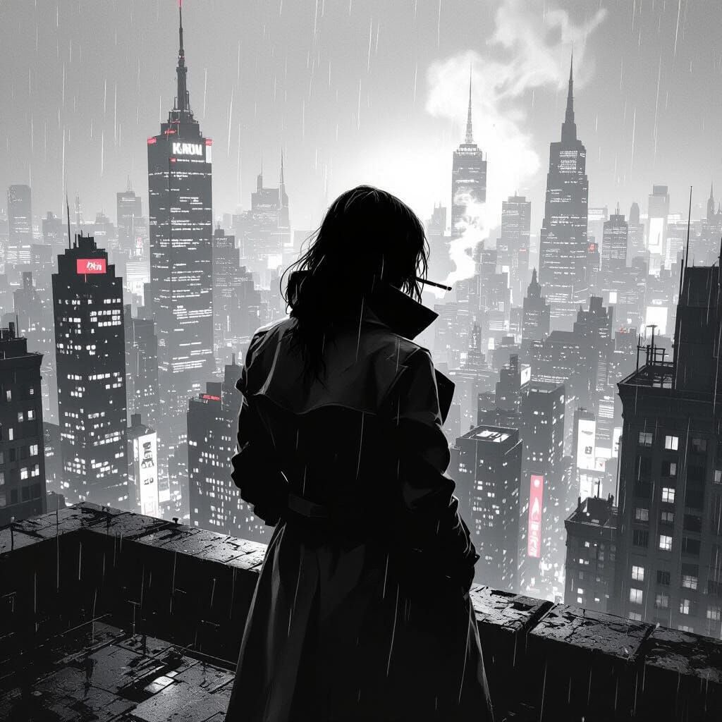 Female Detective in Rainy Cityscape: Gritty Black and White