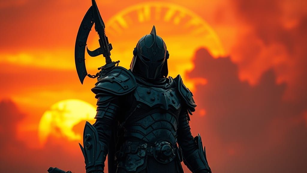 Gothic Steampunk Warrior on Alien Planet at Sunset