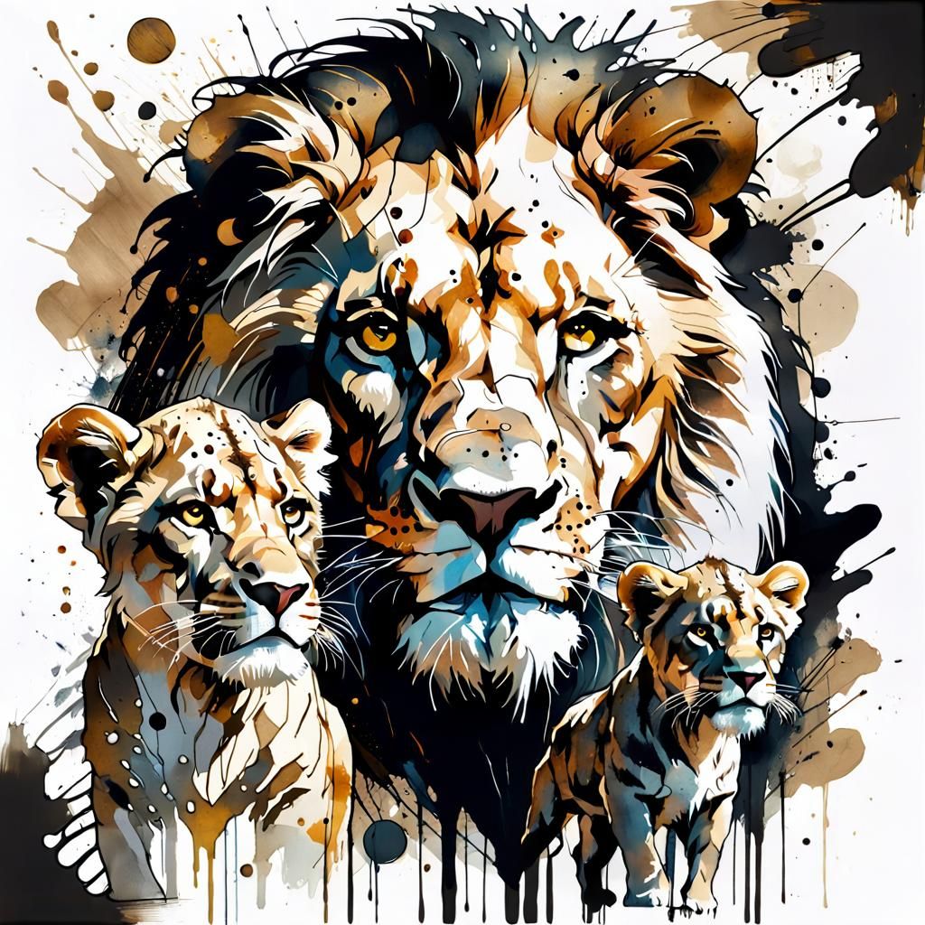 Lion and Cubs in Washed Ink Style