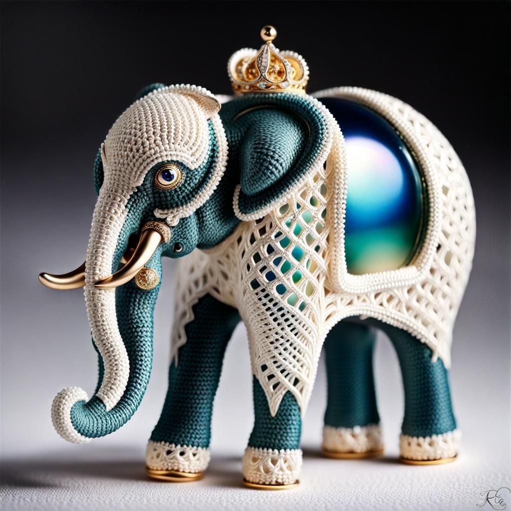 Crocheted Elephant with Crown in Faberge Style