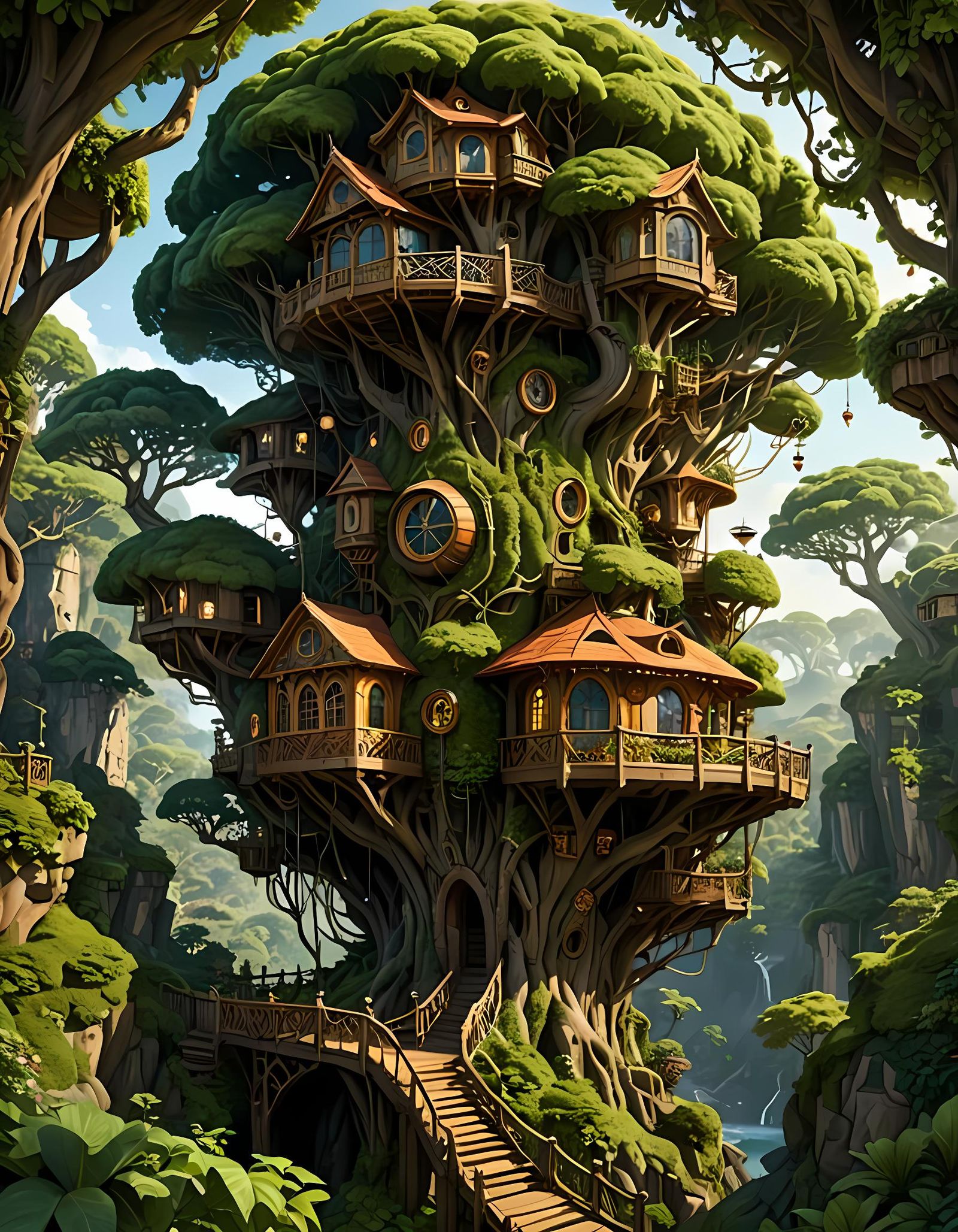 Enchanted Treehouse Village on Verdant Cliffside