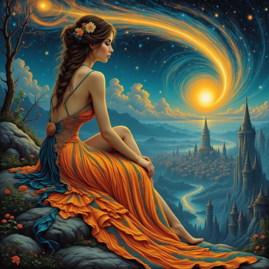 Art Nouveau Fantasy: Woman Gazing at Starry Night Sky