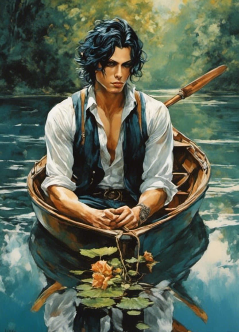 Rowboat Portrait in Anime Style on Calm Lake